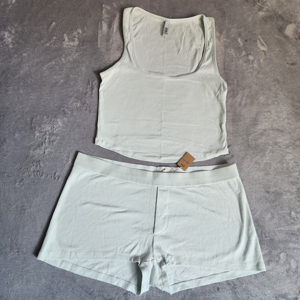 New SKIMS Logo Pointelle Scoop Neck Tank Top Shorts Set Marble XL Coquette Rare